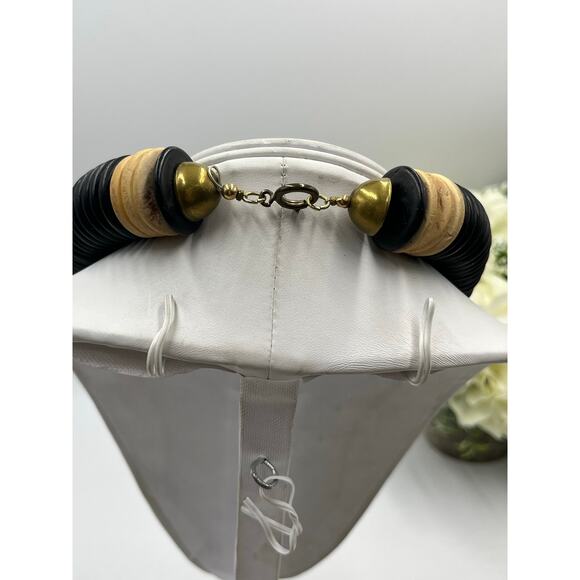 Vintage Black Bakelite Disc Necklace Butterscotch Amber Accent Statement Jewelry - Picture 11 of 13